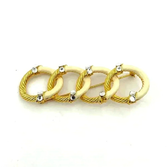 VTG Gold Tone Enamel Brooch Pin Clear Rhinestone Circle Loop Retro - Picture 8 of 8